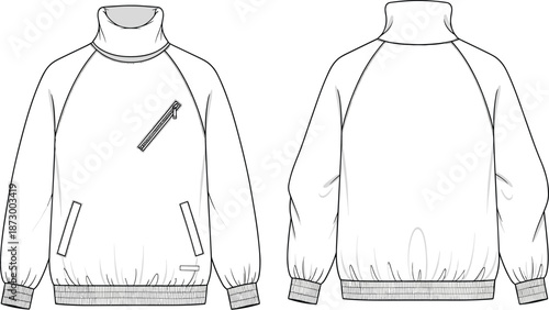 Men pullover jacket technical fashion illustration, front and back view, casual outerwear apparel design template, sporty garment, cad drawing flat vector