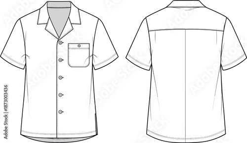 Men short sleeve button shirt technical fashion illustration, front and back view, casual apparel design template, summer garment, cad drawing flat vector