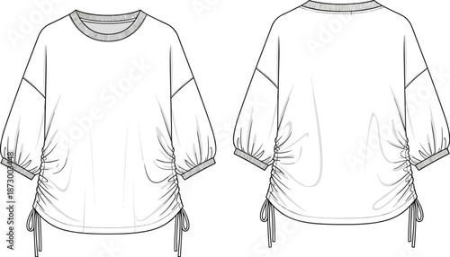 Women gathered blouse technical fashion illustration, front and back view, casual apparel design template, adjustable sleeve top, cad drawing flat vector