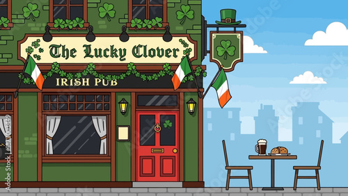 A serene Irish pub scene with outdoor seating in a cityscape on a sunny day