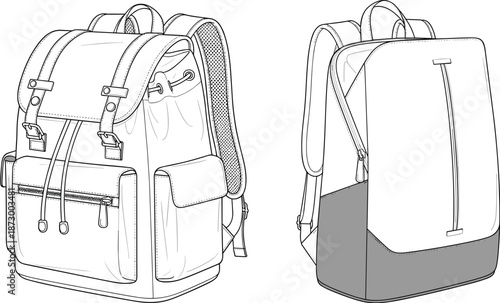 Modern backpack technical fashion illustration, front and back view, travel accessory design template, functional carry bag, cad drawing flat vector