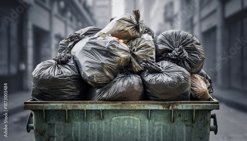 Overflowing dumpster filled with black trash bags on a city street 1.