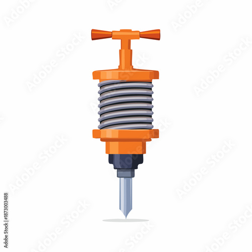 Orange and grey pneumatic drill with a sharp bit and spring mechanism, isolated on a white background, ideal for construction and industrial themes