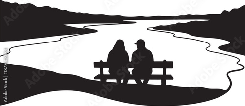 Couple sitting on bench overlooking serene river landscape together