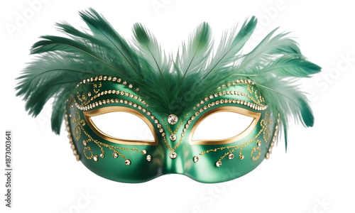 Elegant Green Venetian Carnival Mask with Gold Details and Feather Decoration (Isolated on Transparent Background)