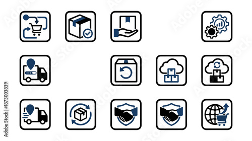 Logistics and supply chain icons set on dark background
