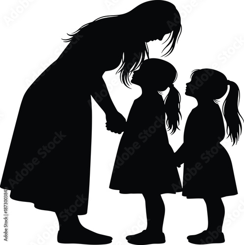 Black Silhouette of Mother Wearing Hoodie and Young Daughter Standing Together, Happy Parent and Child for Parenthood and Childhood Vector