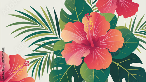 Vibrant tropical floral arrangement featuring pink hibiscus flowers and lush green leaves in a beautiful illustration