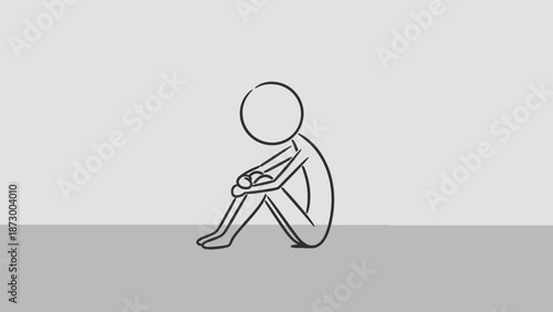 Lonely Stick Figure Character Sitting Alone Hugging Knees with Sad Expression on Gray Background