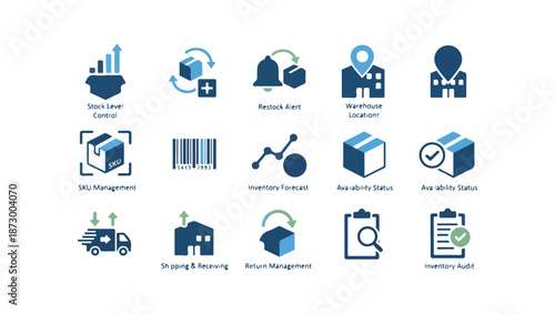 Set of various blue icons for business and technology on black background