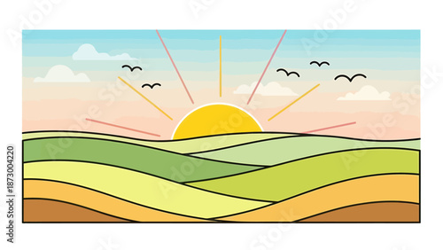 Serene sunrise over rolling hills with birds flying