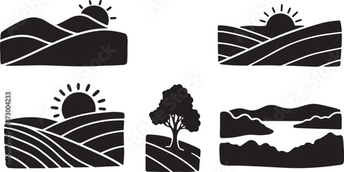 Black and white landscape silhouettes with sun and tree