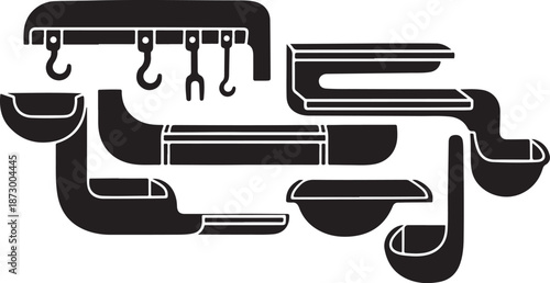Black and white illustration of plumbing pipes and tools