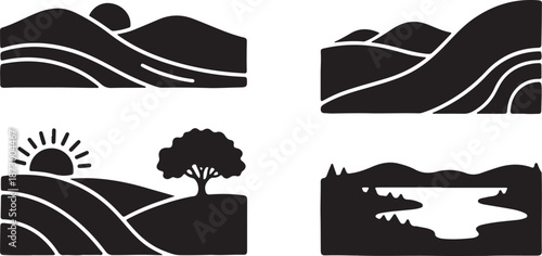 Simple black and white landscape silhouettes with rolling hills