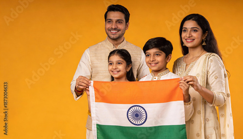 Happy Indian Family Holding National Flag Isolated on White