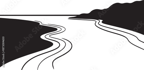 Minimalist black and white landscape with winding river illustration
