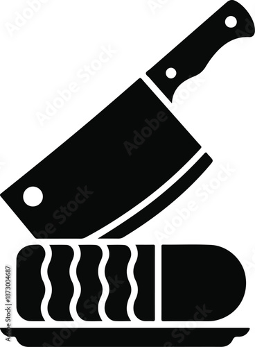 Cleaver and bacon slices on a white background Keywords: cleaver, bacon, meat, food, slicing