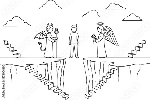 Man at a crossroads between good and evil symbolizing moral choice.