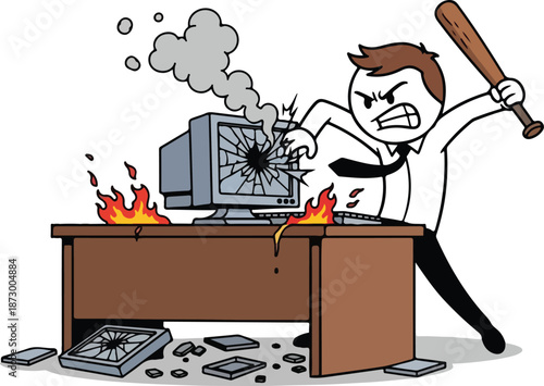 Angry businessman destroying computer with baseball bat office rage.