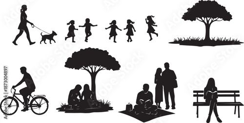 People enjoying outdoor activities in park silhouettes vector illustration set