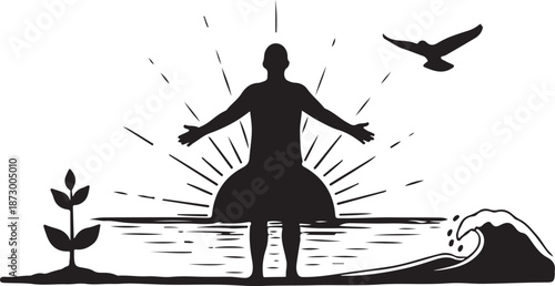 Person standing on beach with arms outstretched in freedom