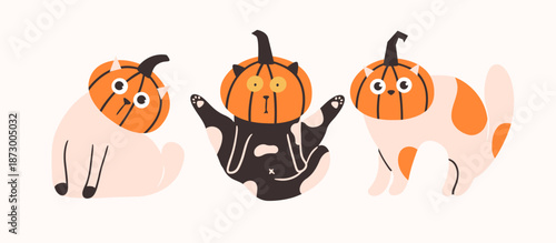 Funny Halloween cats with pumpkins on heads. Cute kitten characters in autumn holiday costume. Flat vector illustration