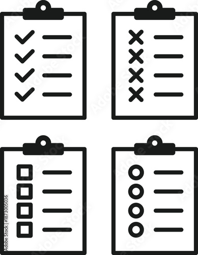Clipboard checklist icon set with check marks, cross marks and checkboxes, outline black vector for survey, validation, UI design