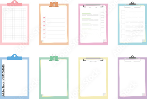 Pastel clipboard checklist template set, colorful flat vector documents for task planning, printable worksheet, productivity design