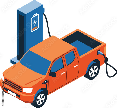 Orange Electric Pickup Truck Charging at Station.