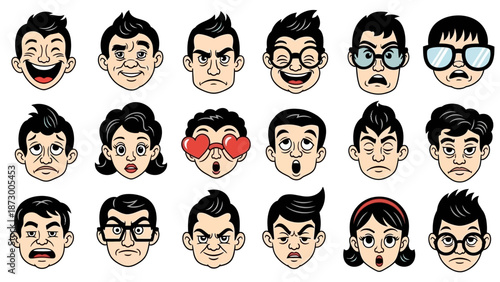 Collection of Retro Cartoon Faces Showing Various Expressions and Emotions, Vector Art