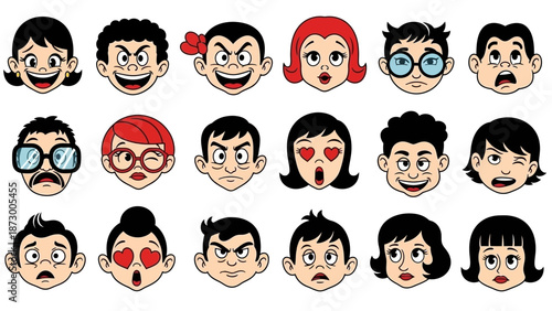 Diverse Retro Cartoon Faces with Expressive Emotions in a Grid Layout
