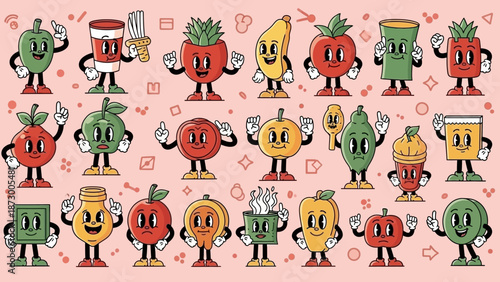 Retro Cartoon Style Food and Drink Characters with Vintage Groovy Vibes