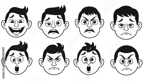 Collection of Diverse Cartoon Faces Expressing Various Emotions and Feelings, Vector Art