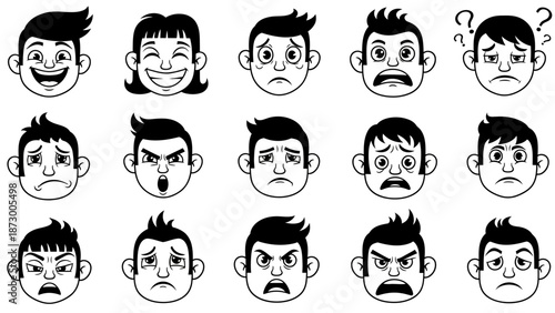 Collection of Diverse Cartoon Faces Expressing a Wide Range of Human Emotions and Feelings