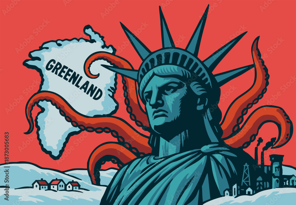 Fototapeta premium Greenland versus America (caricature vector with gloomy statue)