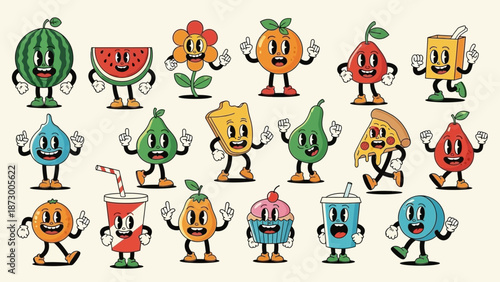 Retro Cartoon Food and Object Characters in a Fun, Stylized Vintage Art Style