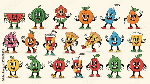 Retro Cartoon Characters: Fruits, Drinks, Pizza, and Cupcake with Vintage Style
