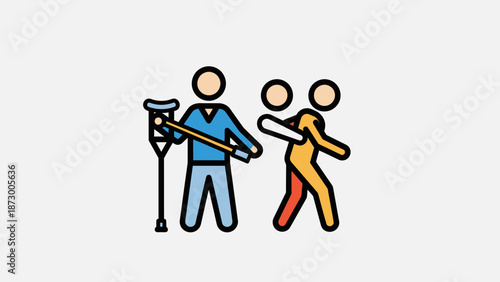 Helping Injured Person with Crutches, Support and Care Concept