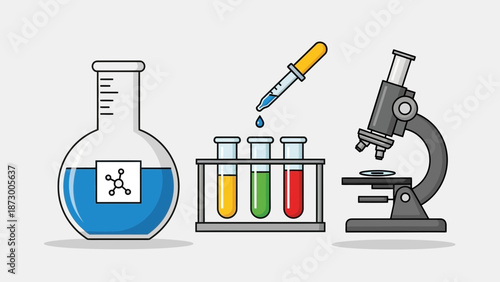 Laboratory Equipment: Flask, Test Tubes, Dropper, Microscope, Scientific Research