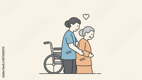 Nurse assisting elderly woman with wheelchair, care and compassion concept