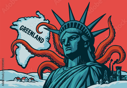 Greenland versus America (caricature vector with gloomy statue)