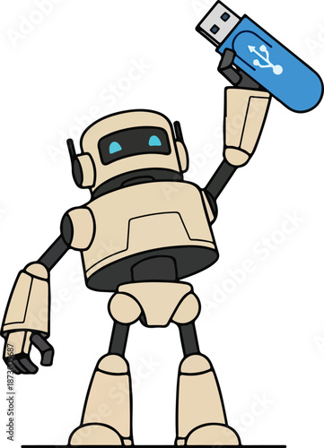 Robot Holding a Blue USB Flash Drive.