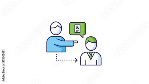 Person pointing at another person with profile icon in speech bubble, recruitment concept.