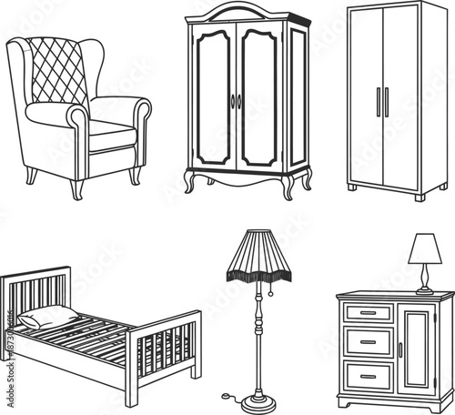 Home Furniture Collection Line Vector