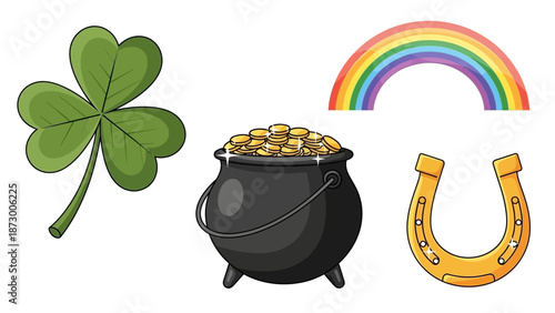 A cartoon illustration of a four-leaf clover, pot of gold, rainbow, and horseshoe symbolizing good luck and fortune.