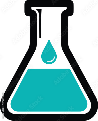 Chemical flask with liquid and drop illustration.