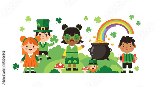 Children celebrating St. Patrick's Day with rainbow and pot of gold