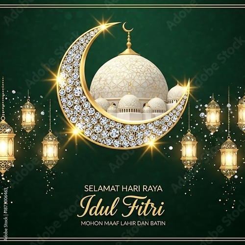 Eid al Fitr Celebration with Crescent Moon and Lanterns.