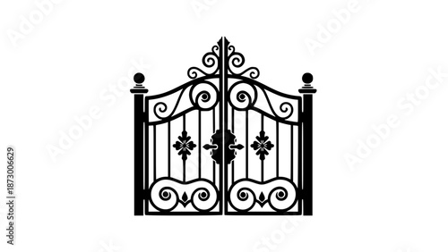 Luxury classic ornamental iron gate featuring a decorative peak, symmetrical scrollwork, and floral accents. Black and white wrought iron gate design ideal for premium fencing concepts, architecture 