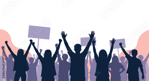 Silhouettes of a diverse crowd of people protesting with their hands raised and holding blank signs against a soft pink and white sky background.